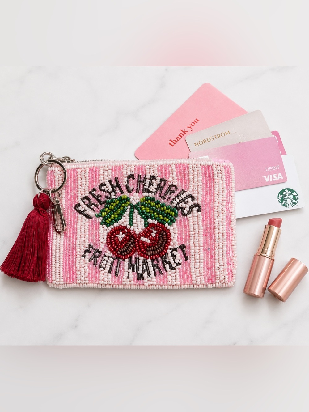 resh Cherries Beaded Zip Pouch – Pink | NWT 🍒💄